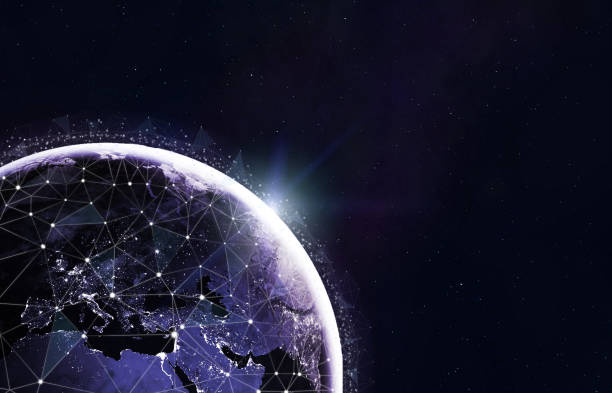 istock Blockchain cryptocurrency technology ,IoT or 5g concept. Global telecommunication network around Earth planet in space. Futuristic background with copyspace. Image from NASA 1190005740