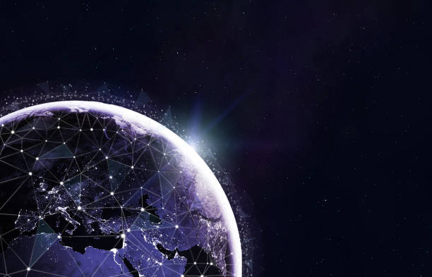 Blockchain cryptocurrency technology ,IoT or 5g concept. Global telecommunication network around Earth planet in space. Futuristic background with copyspace. Image from NASA stock photo
