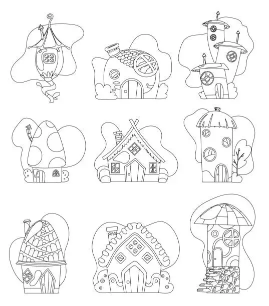 Vector illustration of Fantasy house set vector cartoon fairy treehouse and housing village coloring illustration set of kids fairytale playhouse isolated on white background