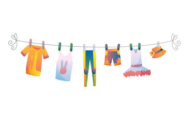 Vector illustration of Various items of baby clothes on rope isolated vector illustration on white background. Laundry held by plastic pegs drying