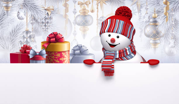 istock 3d render of cute smiling snowman character and gift boxes, decorated Christmas tree, hanging ornaments, balls. Winter holidays background, blank banner, greeting card template, digital illustration 1190007341
