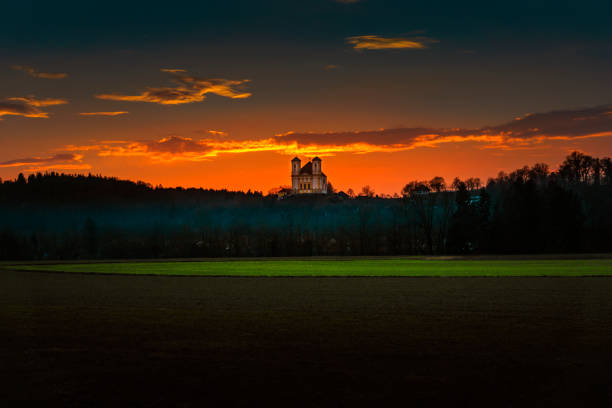 Pilgrimage church Marienberg im Abendlicht, Raitenhaslach, Burghausen, Landkreis Altötting, Oberbayern, Bayern, Germany.