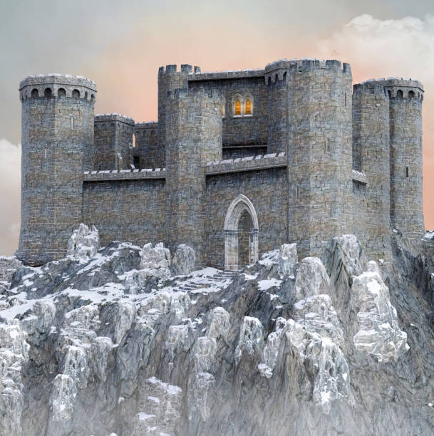 istock Old medieval castle in a mountain snowy landscape 1190008423