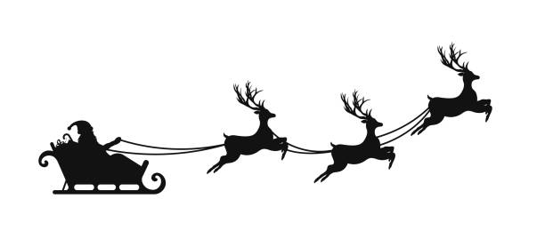산타 클로스는 크리스마스 순록썰매를 타고 날고 있습니다. 산타 클로스의 실루엣, 크리스마스 선물과 순록썰매 - santa claus white background christmas holidays and celebrations stock illustrations