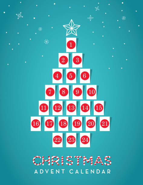 ilustraciones, imágenes clip art, dibujos animados e iconos de stock de fecha del calendario de adviento festivo en forma de árbol de navidad con etiquetas de regalo - calendario adviento