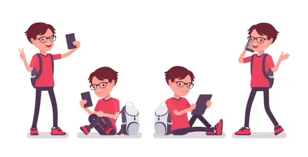 Vector illustration of School boy with gadgets, smartphone and tablet