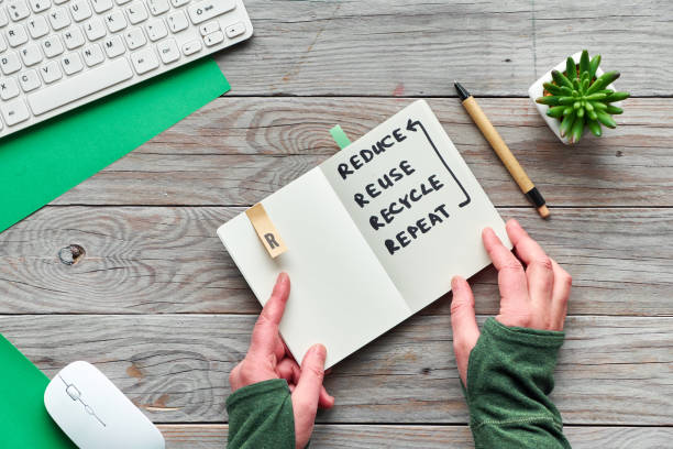 concept zéro déchet consommation consciente plat laïc, vue supérieure des mains tenant carnet de moleskin à la mode avec du texte "réduire, réutiliser, recycler, répéter". table en bois avec le clavier, la souris et la plante succulente - écriture non photos et images de collection