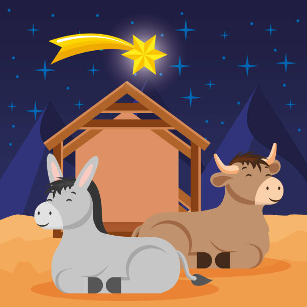 manger with donkey and ox cartoon manger with donkey and ox in the night. vector illustration nativety stock illustrations