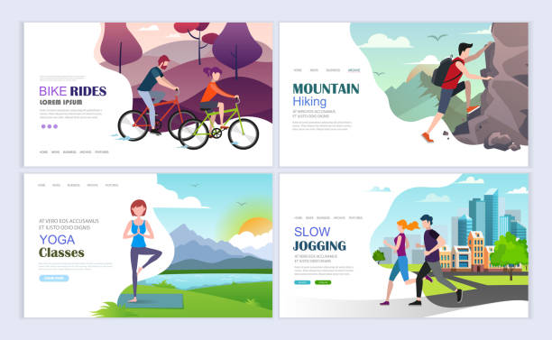 Healthy lifestyle concept Cycling, hiking, yoga, jogging. Healthy lifestyle concept. Landing pages template set. Modern flat design concept. Web page design for website and mobile website. Flat vector illustration. person hiking stock illustrations