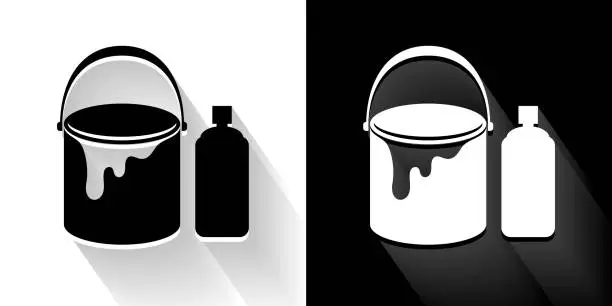 Vector illustration of Paint  Bucket and Spray Can Black and White Icon with Long Shadow