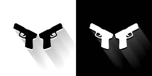Vector illustration of Two Pistols Black and White Icon with Long Shadow