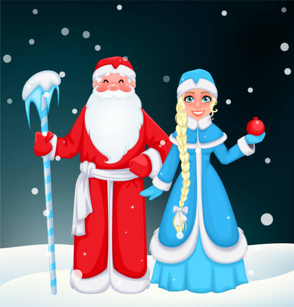 ilustraciones, imágenes clip art, dibujos animados e iconos de stock de rusa santa claus y snow maiden - coat grandfather grandchild granddaughter