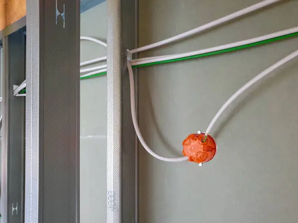 Electrical device, inside wall of frame house. Electrical outlet mounting box, back view. Wall made of plasterboard rear view.