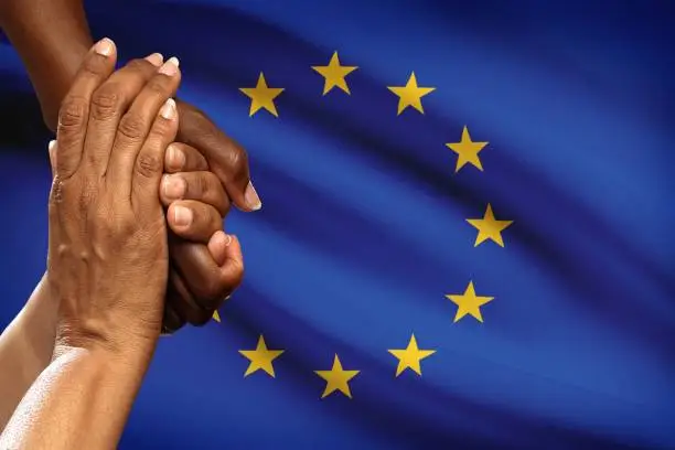 Europe flag multicultural group of young people integration diversity isolated.