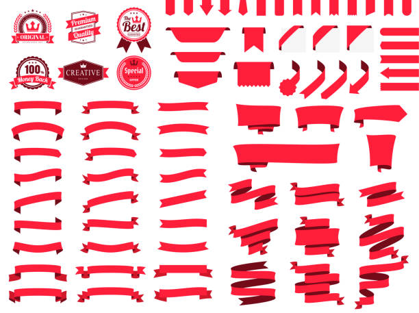 빨간색 리본, 배너, 배지, 레이블 세트 - 흰색 배경의 디자인 요소 - ribbon stock illustrations