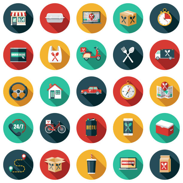 ilustrações de stock, clip art, desenhos animados e ícones de food delivery icon set - restaurant food color image nobody