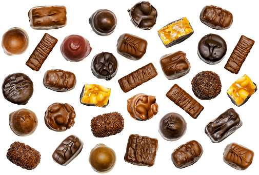 Assorted chocolate candies, isolated on a white background, clipping path