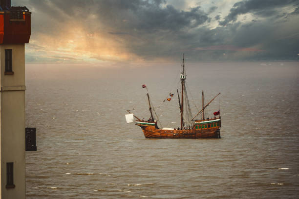 Portishead Avonmouth England 5th October 2019. Replica caravel ship The Matthew, sailed by John Cabot to discover Newfoundland in 1497 passes land in the Bristol channel
