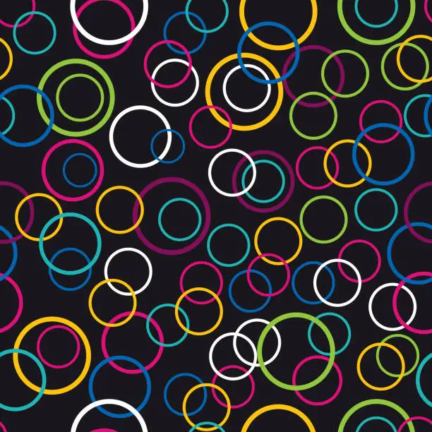 Vector illustration of Colorful bubbles seamless background isolated on black color, group of funny party random spread circle rings