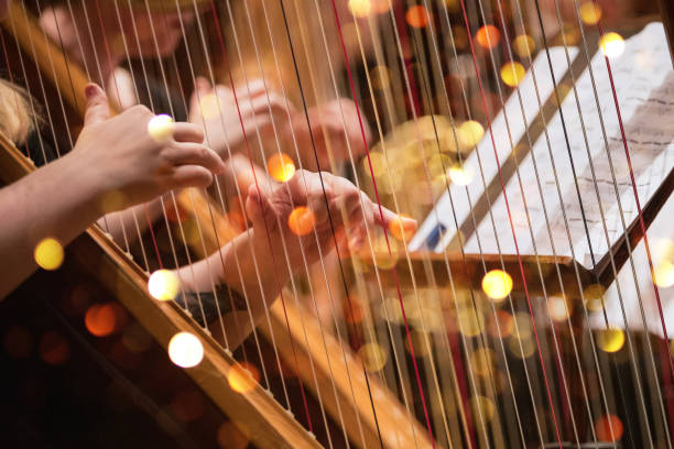 lettore arpa durante un concerto musicale classico - orchestra foto e immagini stock