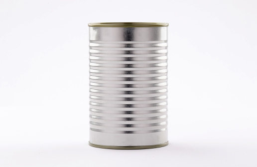 metal tin cans foods fruits Vegetables legumes tuna meat  easy open on white background high and low angle