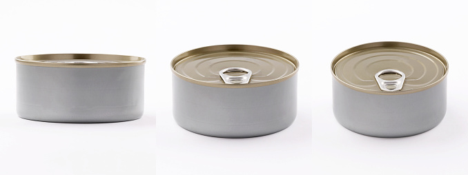 metal tin cans foods fruits Vegetables legumes tuna meat  easy open on white background high and low angle