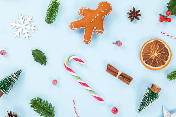 istock Christmas decorations on pastel color background. Top-down view. 1190046374