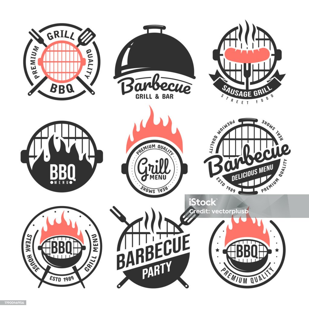 Barbecue en grill etiketten set. BBQ-emblemen en badges-collectie. Restaurant menu design elementen. Vector illustratie - Royalty-free Barbecue - Huishoudelijk apparaat vectorkunst