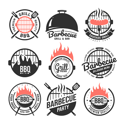 Barbecue and grill labels set. BBQ emblems and badges collection. Restaurant menu design elements. Vector illustration.