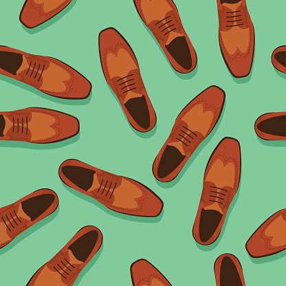 Vector illustration of brown dress shoes in a repeating pattern against a light green background.