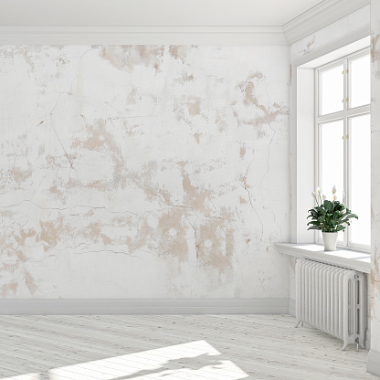 Empty antique interior in front of white plaster wall in the background and hardwood floor with windows on the right. Vintage effect applied. 3D rendered image.