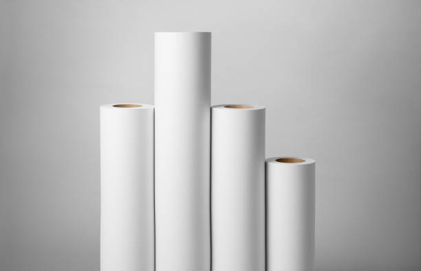 istock Blank white paper rolls mockup isolated on gray background 1190055983