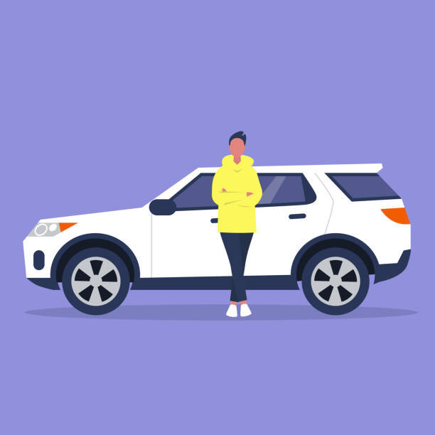 Young male character in full length leaning against a sport car, flat vector illustration Young male character in full length leaning against a sport car, flat vector illustration sports utility vehicle illustrations stock illustrations
