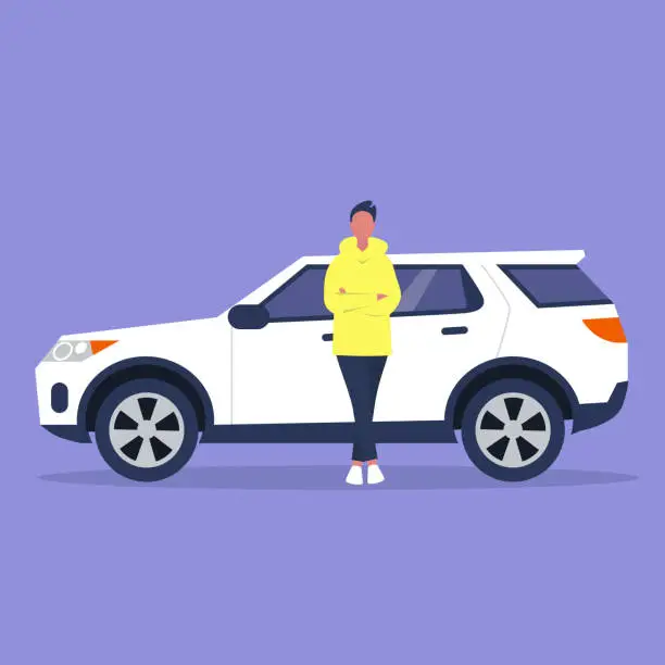 Vector illustration of Young male character in full length leaning against a sport car, flat vector illustration