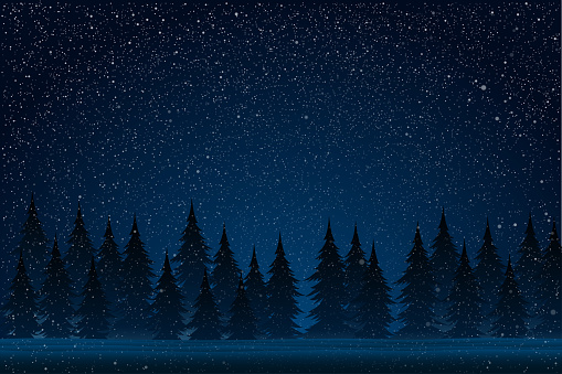 Falling snow vector. White splash on blue background. Winter snowfall hand drawn spray texture. Forest during a snow storm at night. Christmas tree. Universe, cosmos, outer space.