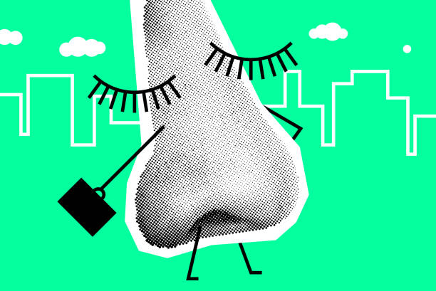Human Nose Like Worker Is Going To Work Human Nose Like Worker Is Going To Work. Vector Collage Illustration Against The Background Of The City nose stock illustrations