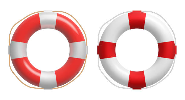 realistische rote und weiße rettungsboje mit einem seil. vektorsicherheit torus. - buoy safety rescue rubber stock-grafiken, -clipart, -cartoons und -symbole