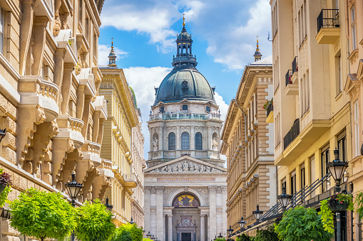Stock phototgraph of downtown Budapest Hungary with St Stephens Basilica on a sunny day.