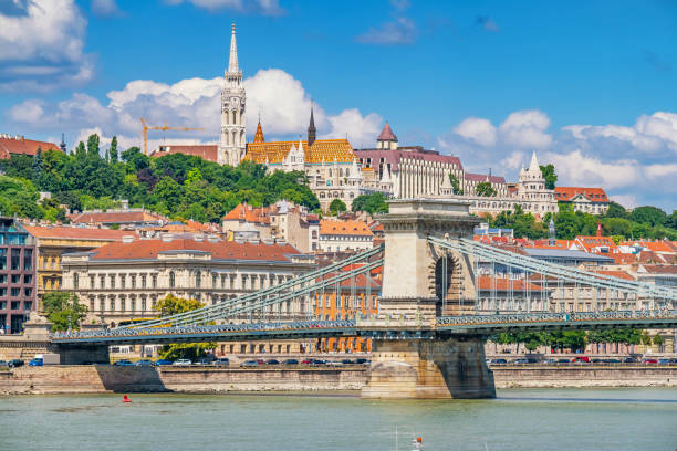 布達佩斯市中心 匈牙利鏈橋和布達側 - 漁夫稜堡 個照片及圖片檔
