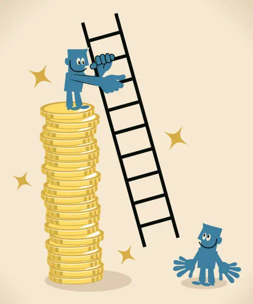 Vector illustration of One businessman standing on top of a stack of gold coins (money) and giving a ladder to another man to climbing up