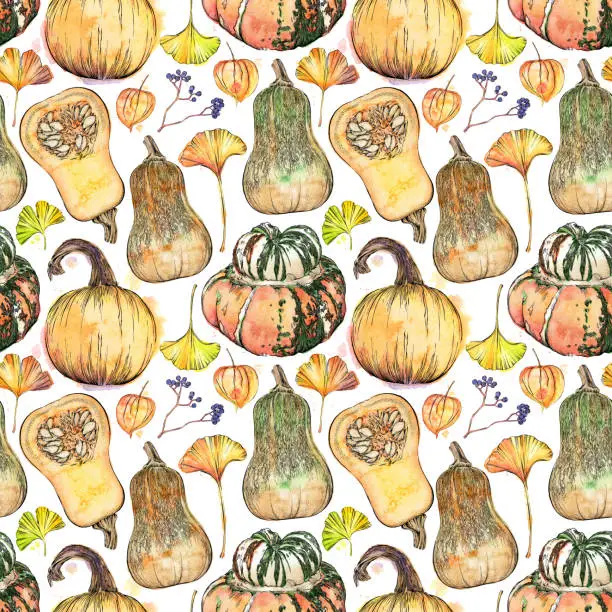Vector illustration of Fall Items Seamless Pattern. Vector Ink and Watercolor Drawing of Fall Pumpkins, Squash and Leaves