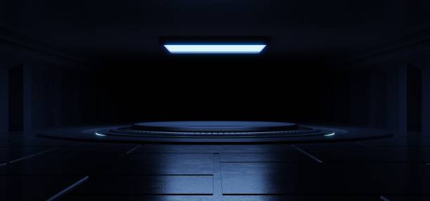 istock Empty light blue studio room futuristic Sci Fi big hall room with lights blue, Future background for design. 1190076729