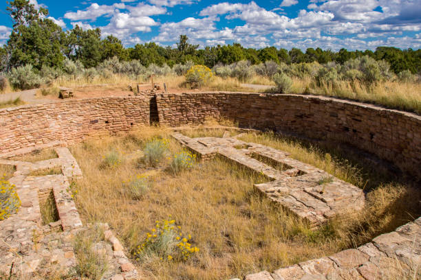 Canyons of the Ancients - Lowry Pueblo - Large Kiva Angle View Canyons of the Ancients - Lowry Pueblo - Large Kiva Angle View rabbit brush stock pictures, royalty-free photos & images