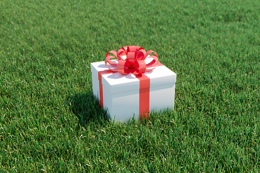 Christmas Ideas White gift box with red ribbon on green grass filed. 3D Render. Selective focus.