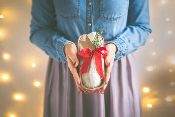 Photo of Close up of woman's hands holding homemade stollen christmas cake wrapped as a gift. Selective focus.