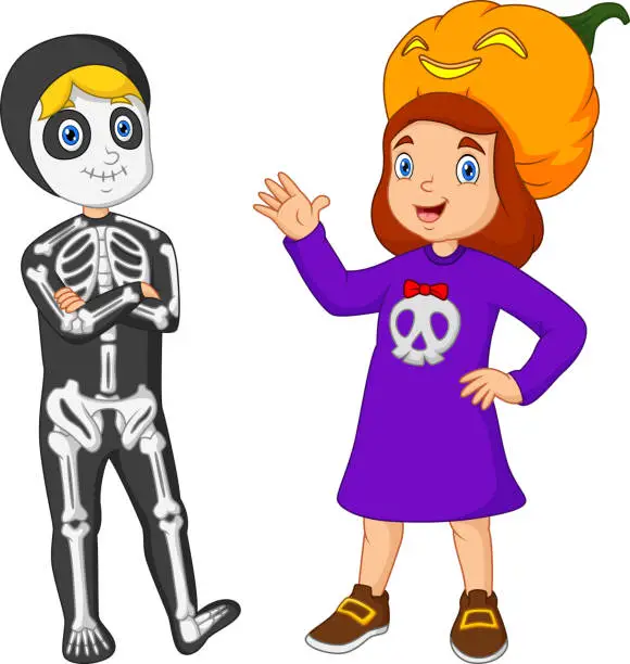 Vector illustration of Cartoon boy and girl in costume helloween