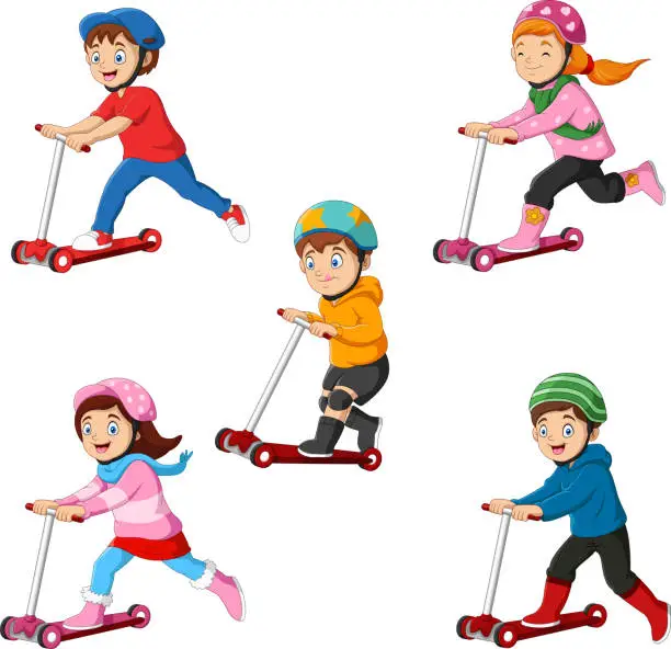 Vector illustration of Kids learn to ride scooter