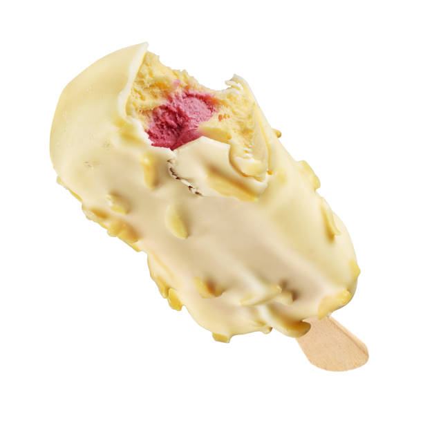 Bitten ice cream popsicle with white chocolate coating isolated