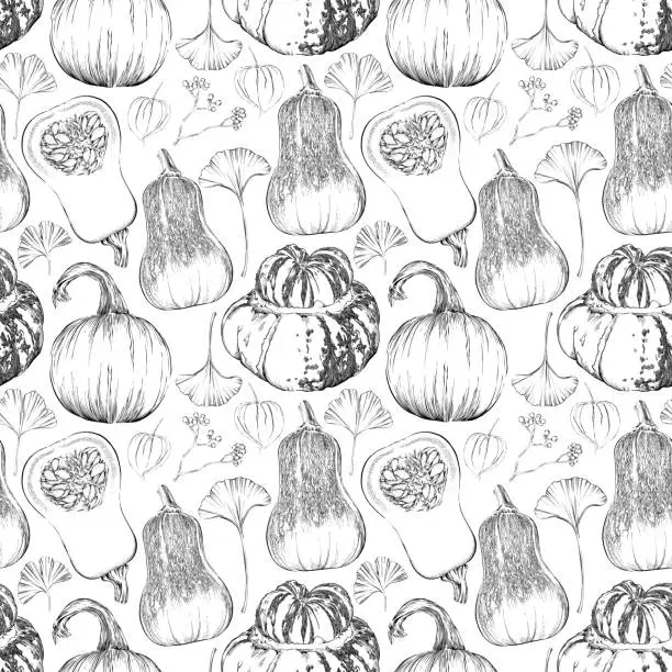 Vector illustration of Fall Items Seamless Pattern. Vector Ink Drawing of Fall Pumpkins, Squash and Leaves