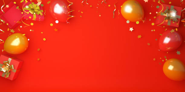 istock Happy New Year design creative concept, balloon, gift box, glittering confetti on red background. Copy space text area, flat lay. 1190095906